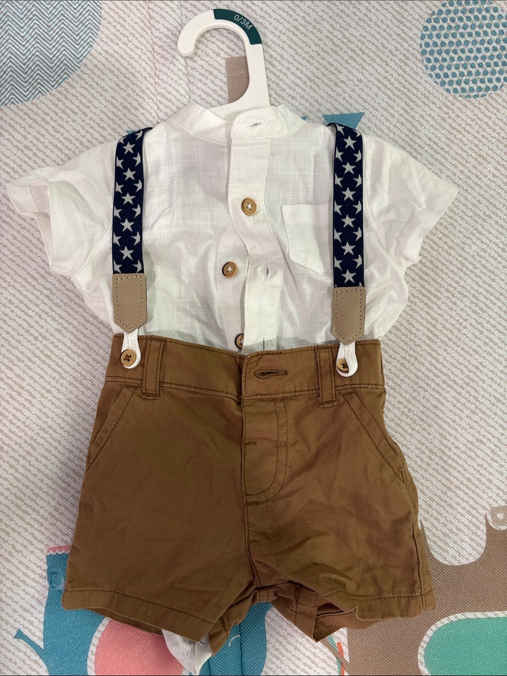Kids White Shirt with Navy Star Suspenders and Brown Shorts Set